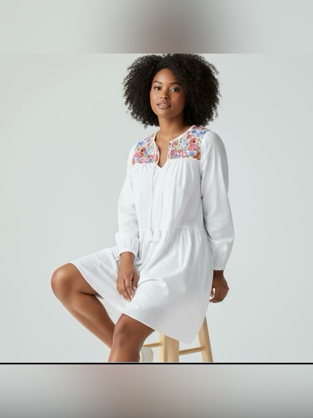 J. Crew White Dress with Multicolor Floral Embroidered Yoke
